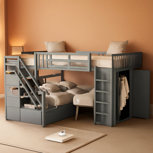 Twin-Twin over Full L-Shaped Bunk Bed with 3 Drawers,Portable Desk and Wardrobe,Practical Family Modern Style (Grey One Size)-0