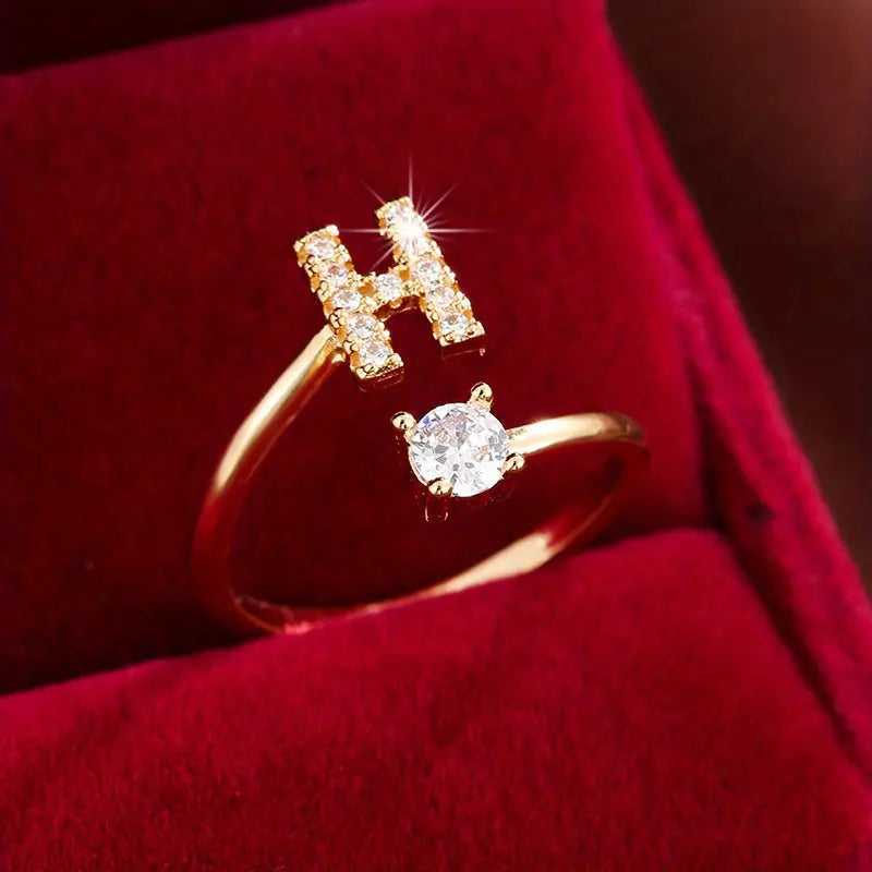[Copper Fashion Ring] Four-claw Round Zirconia Adjustable Copper Ring With 26 English Letters Best Products Online