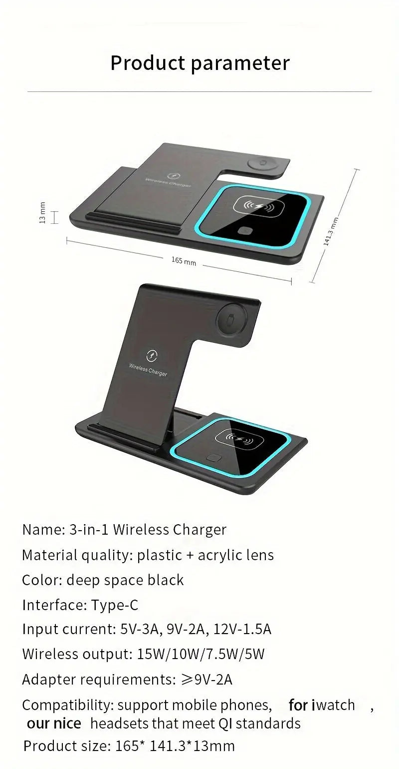 TIMESS-Wireless Charging Station 3-in-1 Standard 15W Fast Mag-Safe Charger Stand with QC3.0 Adapter, Suitable for iPhone 15 14 13 12 11 X 8 Pro Max/Pro/Mini/Plus, for iWatch Ultra 9/8 7/6/5/4/3/2, for Airpods 3/2 Best Products Online