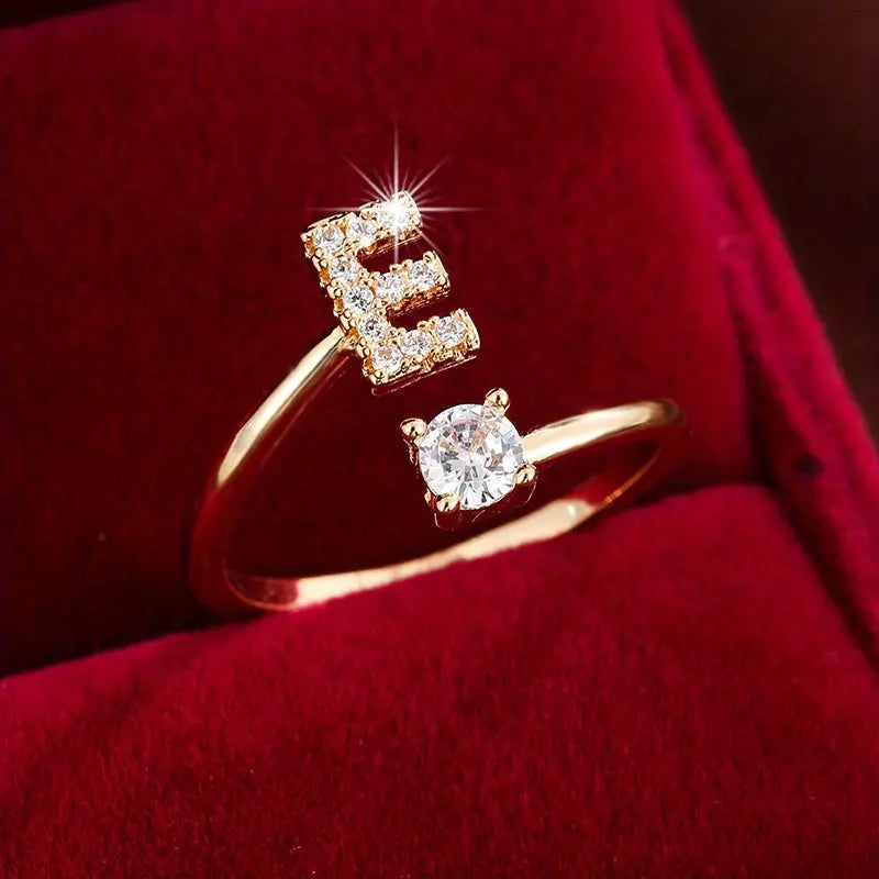 [Copper Fashion Ring] Four-claw Round Zirconia Adjustable Copper Ring With 26 English Letters Best Products Online