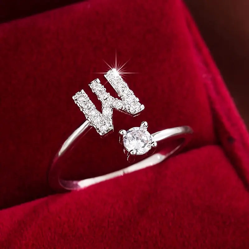 [Copper Fashion Ring] Four-claw Round Zirconia Adjustable Copper Ring With 26 English Letters Best Products Online