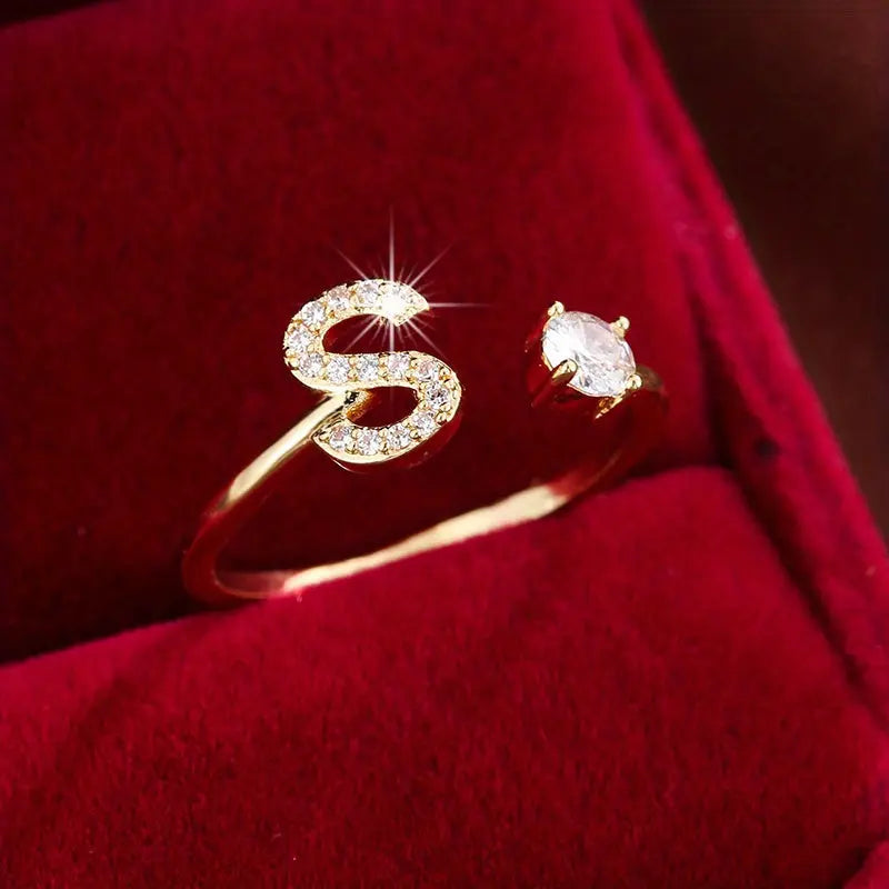 [Copper Fashion Ring] Four-claw Round Zirconia Adjustable Copper Ring With 26 English Letters Best Products Online