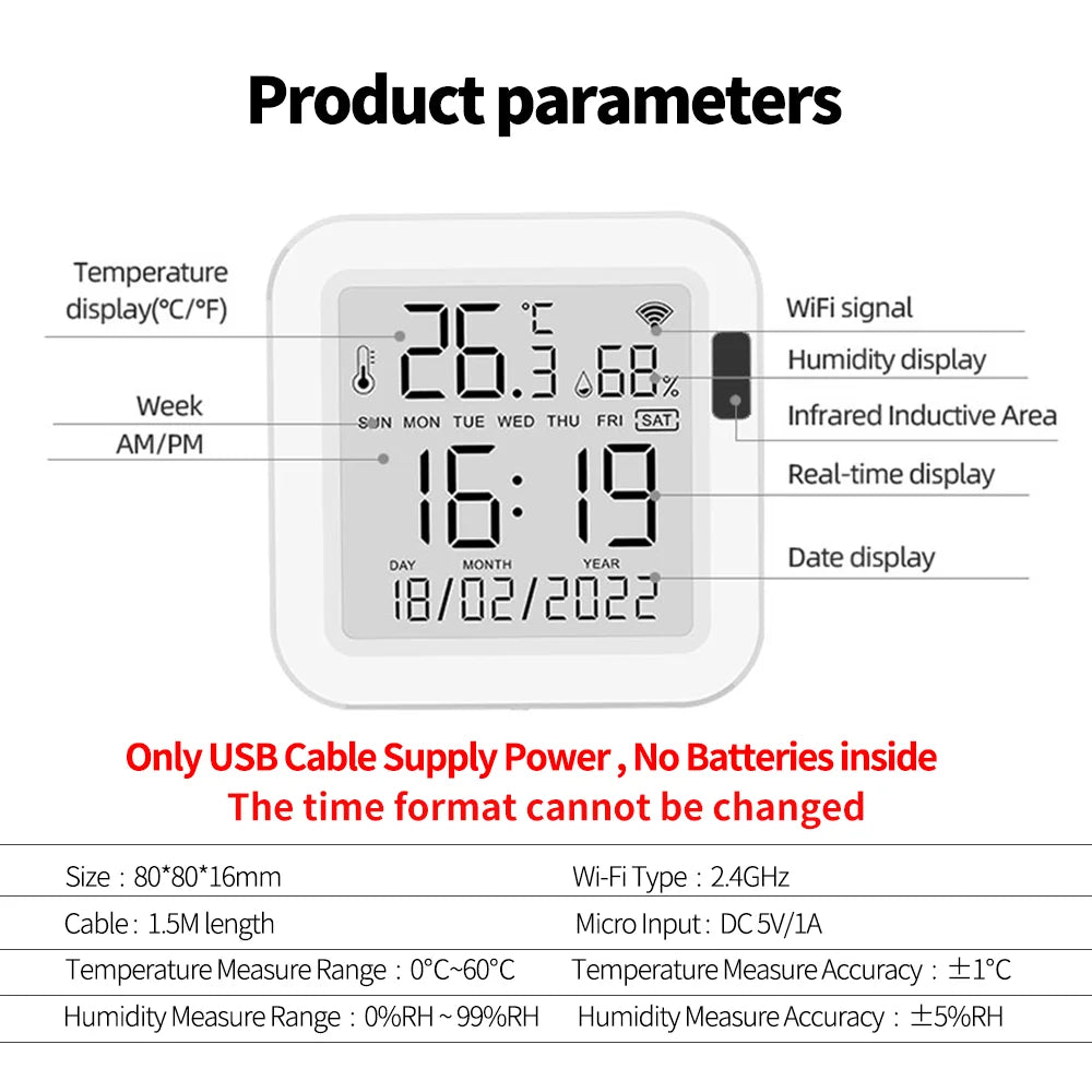 Tuya Temperature and Humidity Smart Sensor With Backlight for Smart