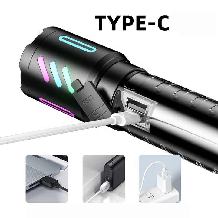 NNEDSZ LED Rechargeable Laser Flashlight – Multifunctional Type-C Strong Light Torch with Adjustable Zoom