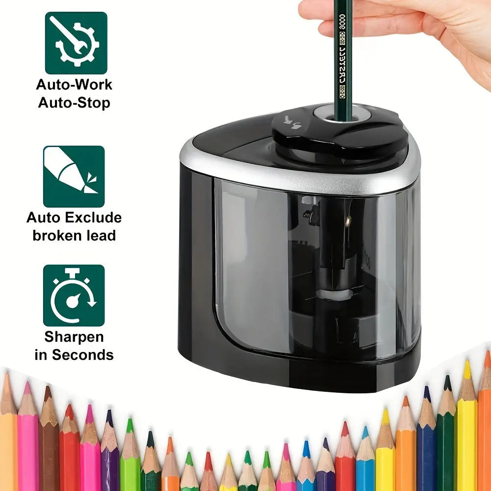 Automatic Electric Pencil Sharpener with Auto-Stop & Lead Breakage Prevention - Black Desktop Sharpener for Office & School, No Battery Needed, Compact Design, Sharpens Pencils in Seconds, Pencil Sharpener Electric, School Su Best Products Online