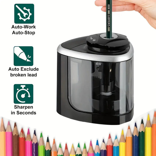 Automatic Electric Pencil Sharpener with Auto-Stop & Lead Breakage Prevention - Black Desktop Sharpener for Office & School, No Battery Needed, Compact Design, Sharpens Pencils in Seconds, Pencil Sharpener Electric, School Su Best Products Online