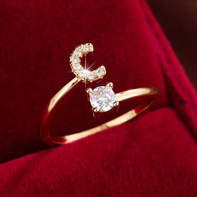 [Copper Fashion Ring] Four-claw Round Zirconia Adjustable Copper Ring With 26 English Letters Best Products Online