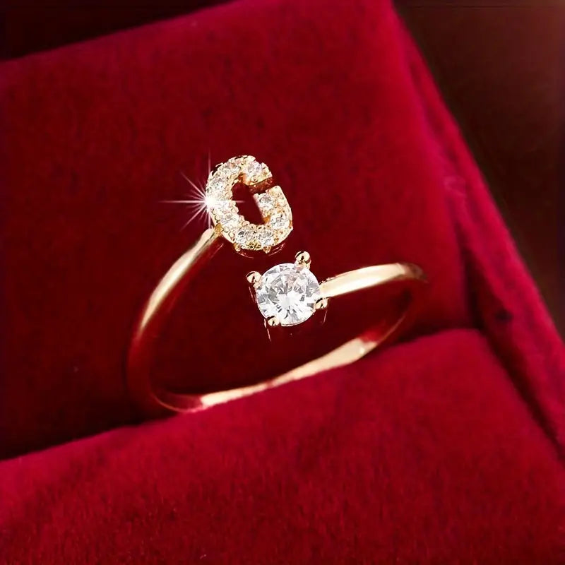 [Copper Fashion Ring] Four-claw Round Zirconia Adjustable Copper Ring With 26 English Letters Best Products Online