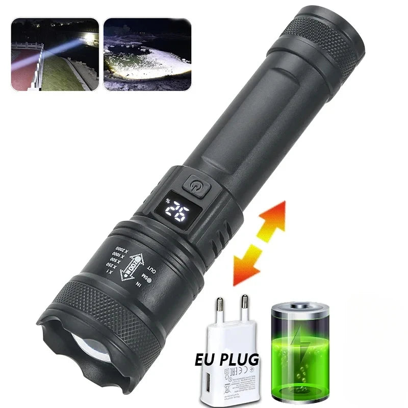 High-power Led Flashlight USB Rechargeable Torch with Display Zoomable Light with Battery Camping Hiking Lantern Emergency Lamp