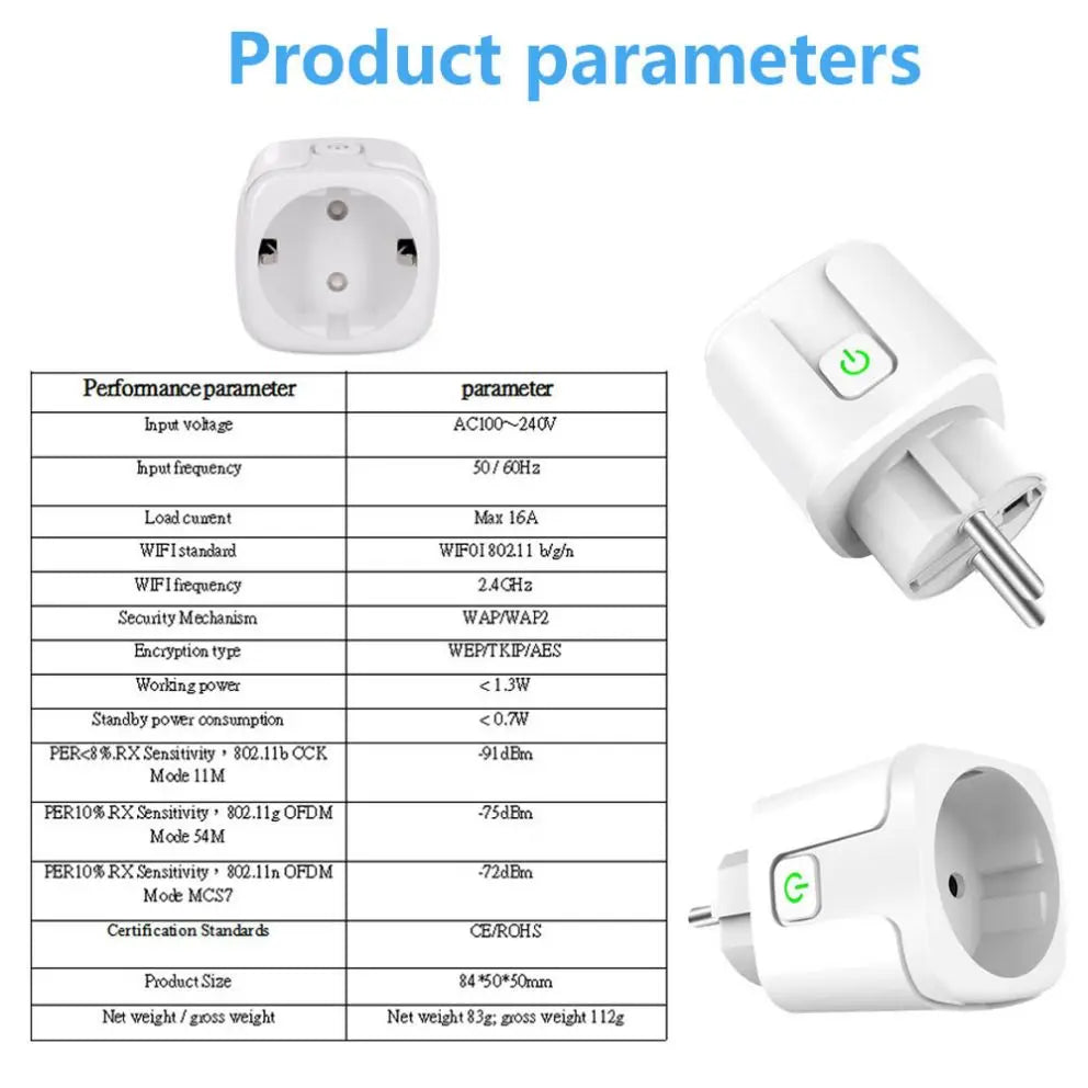 Tuya Smart Wifi Plug 20A Remote Control Smart Socket Outlet EU Power Monitor Timer Function Works with Alexa Google Home