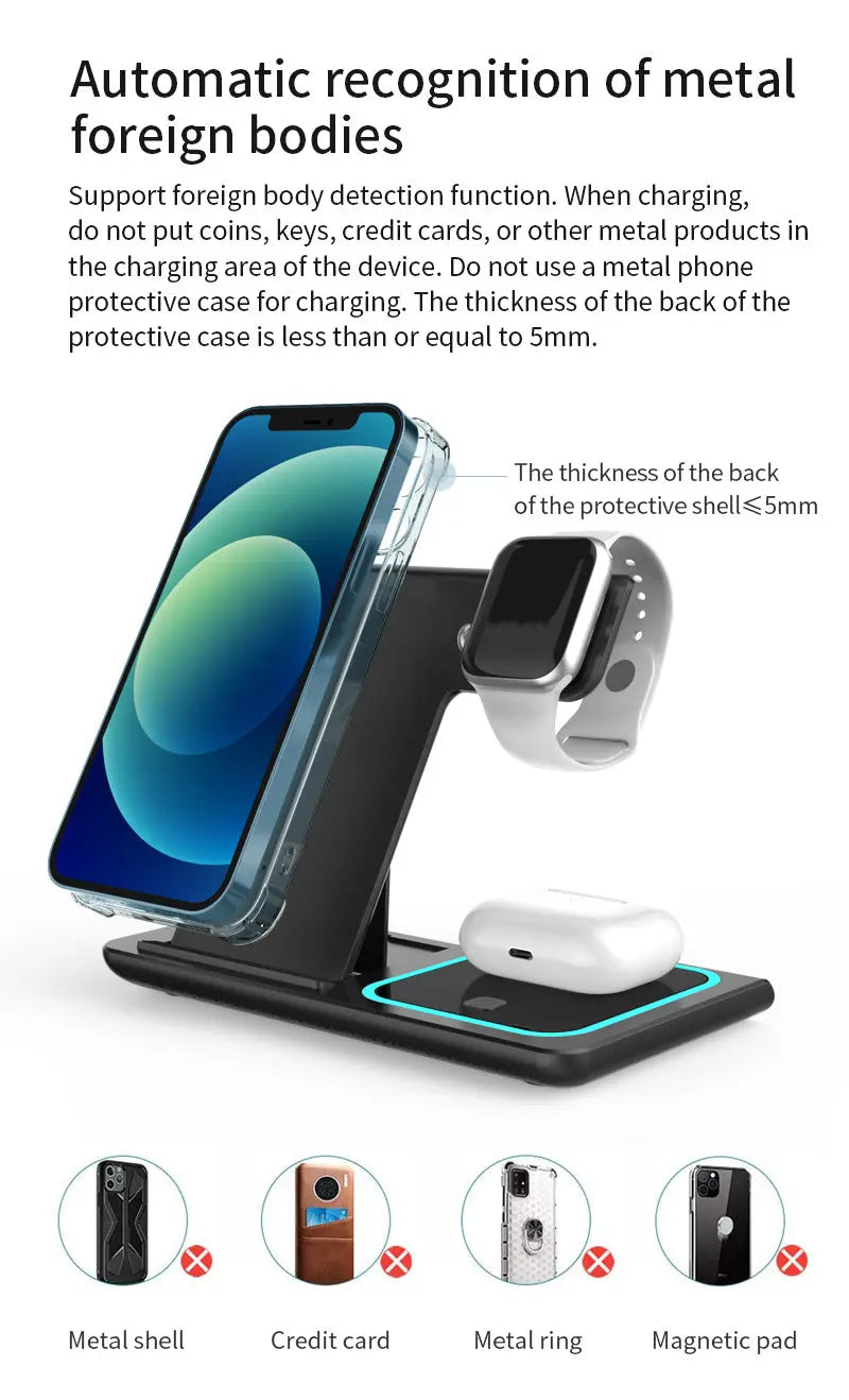 TIMESS-Wireless Charging Station 3-in-1 Standard 15W Fast Mag-Safe Charger Stand with QC3.0 Adapter, Suitable for iPhone 15 14 13 12 11 X 8 Pro Max/Pro/Mini/Plus, for iWatch Ultra 9/8 7/6/5/4/3/2, for Airpods 3/2 Best Products Online
