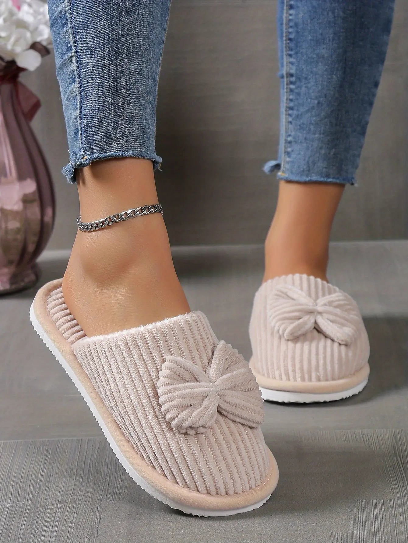 [Cozy Slippers] Cozy Fleece-Lined Women's Slip-On Winter Slippers | Soft All-Season Indoor House Shoes for Home & Couples, Casual Slip-On Design with Bow Detail, EVA Sole Best Products Online