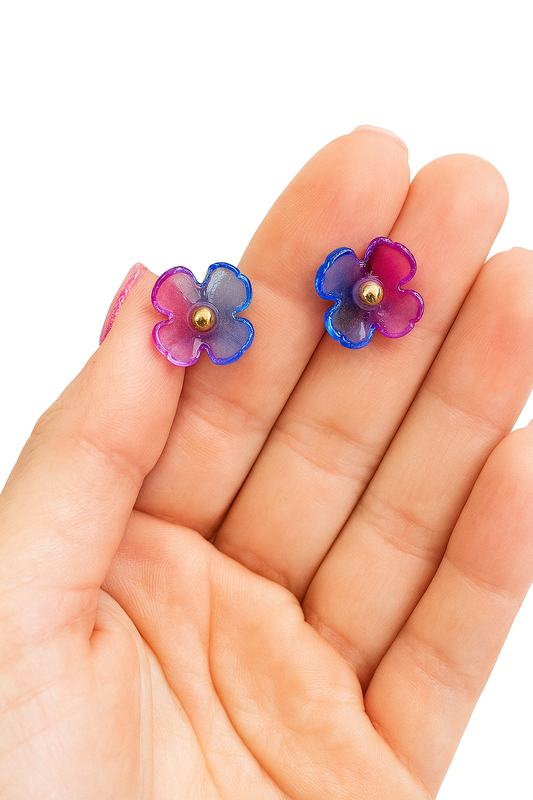 2-in-1 Earrings with Purple Flower and Gold Stud
