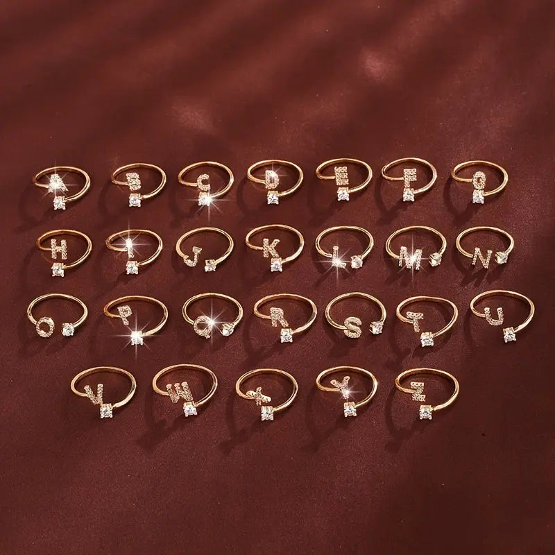 [Copper Fashion Ring] Four-claw Round Zirconia Adjustable Copper Ring With 26 English Letters Best Products Online