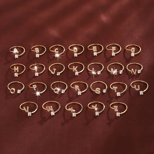 [Copper Fashion Ring] Four-claw Round Zirconia Adjustable Copper Ring With 26 English Letters Best Products Online