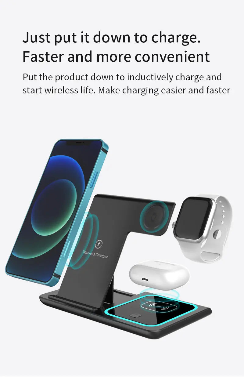 TIMESS-Wireless Charging Station 3-in-1 Standard 15W Fast Mag-Safe Charger Stand with QC3.0 Adapter, Suitable for iPhone 15 14 13 12 11 X 8 Pro Max/Pro/Mini/Plus, for iWatch Ultra 9/8 7/6/5/4/3/2, for Airpods 3/2 Best Products Online