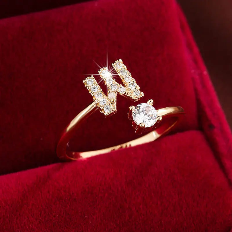 [Copper Fashion Ring] Four-claw Round Zirconia Adjustable Copper Ring With 26 English Letters Best Products Online