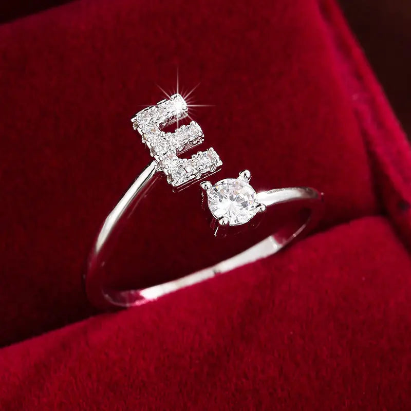[Copper Fashion Ring] Four-claw Round Zirconia Adjustable Copper Ring With 26 English Letters Best Products Online