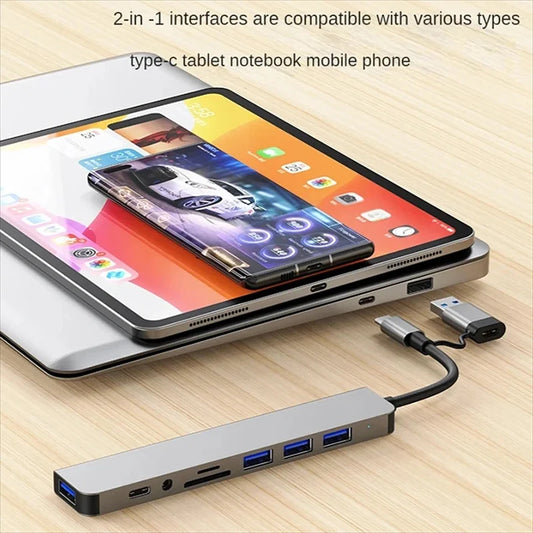 8 in 2 Type C HUB Docking Station USB Micro SD Card Reader with 3.5mm Audio Jack Adapter Laptop Tablet Phone Disk Converter