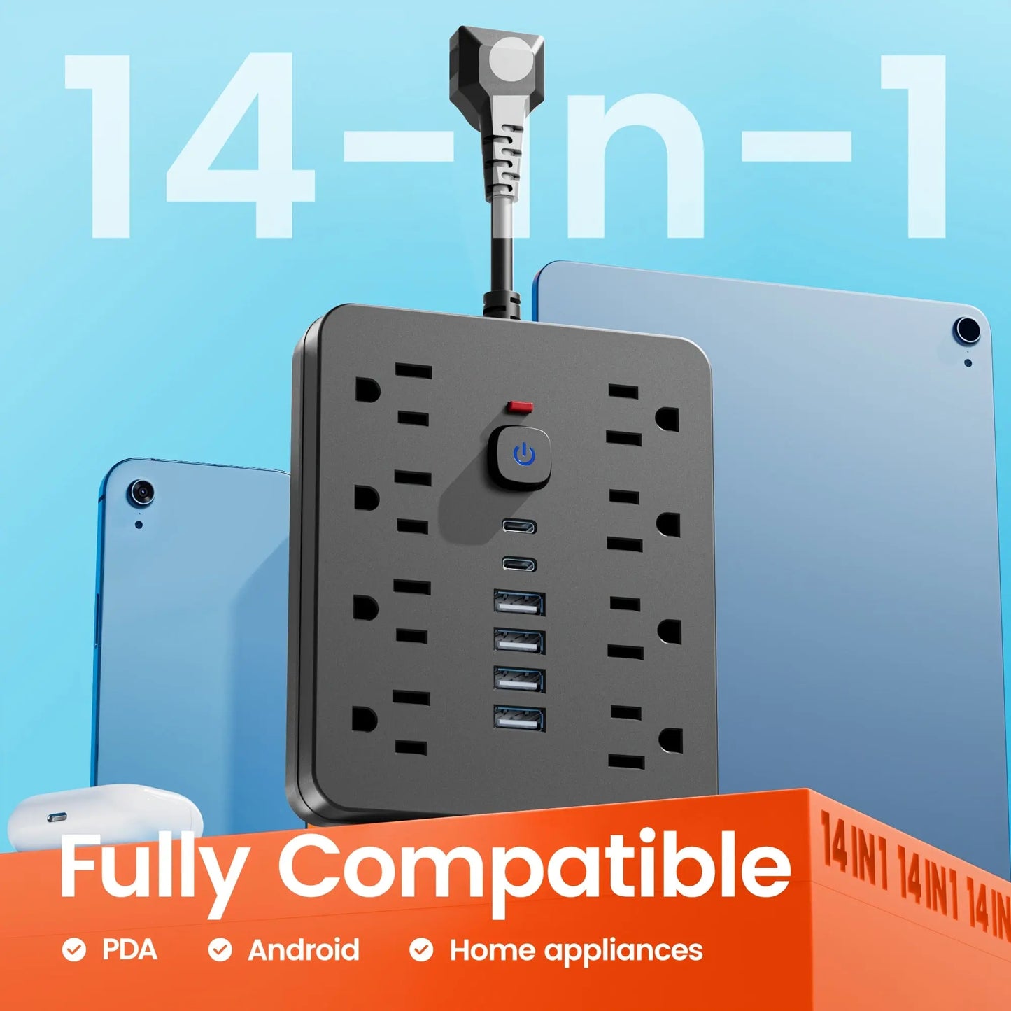 14-in-1 Power Strip with Surge Protector - 8 AC Outlets And 6 USB Ports (2 USB-C)| Flat Plug, Space Saving Design, Unique Short Cord Design, Overload Protection for Home, School, Office. Available In Black And White Best Products Online