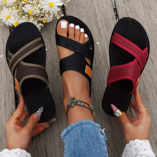 Women's Breathable Mesh Slide Sandals - Comfortable Open-Toe Flat Shoes with Crisscross Straps, Lightweight Summer Footwear in Black/Brown or Red/Black, Casual Indoor & Outdoor Wear, Strappy Sandals Best Products Online