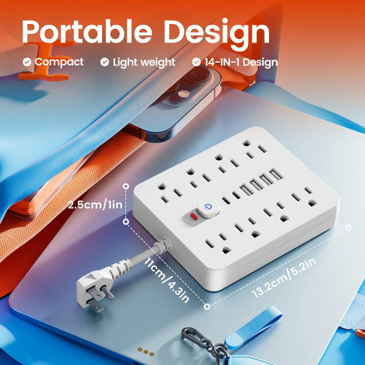 14-in-1 Power Strip with Surge Protector - 8 AC Outlets And 6 USB Ports (2 USB-C)| Flat Plug, Space Saving Design, Unique Short Cord Design, Overload Protection for Home, School, Office. Available In Black And White Best Products Online