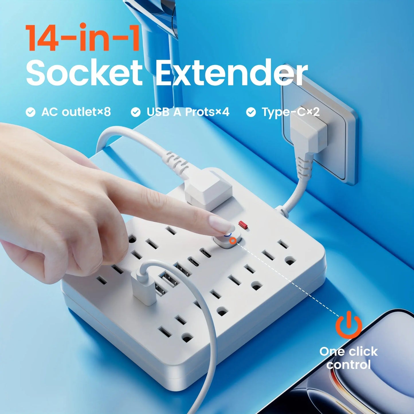 14-in-1 Power Strip with Surge Protector - 8 AC Outlets And 6 USB Ports (2 USB-C)| Flat Plug, Space Saving Design, Unique Short Cord Design, Overload Protection for Home, School, Office. Available In Black And White Best Products Online
