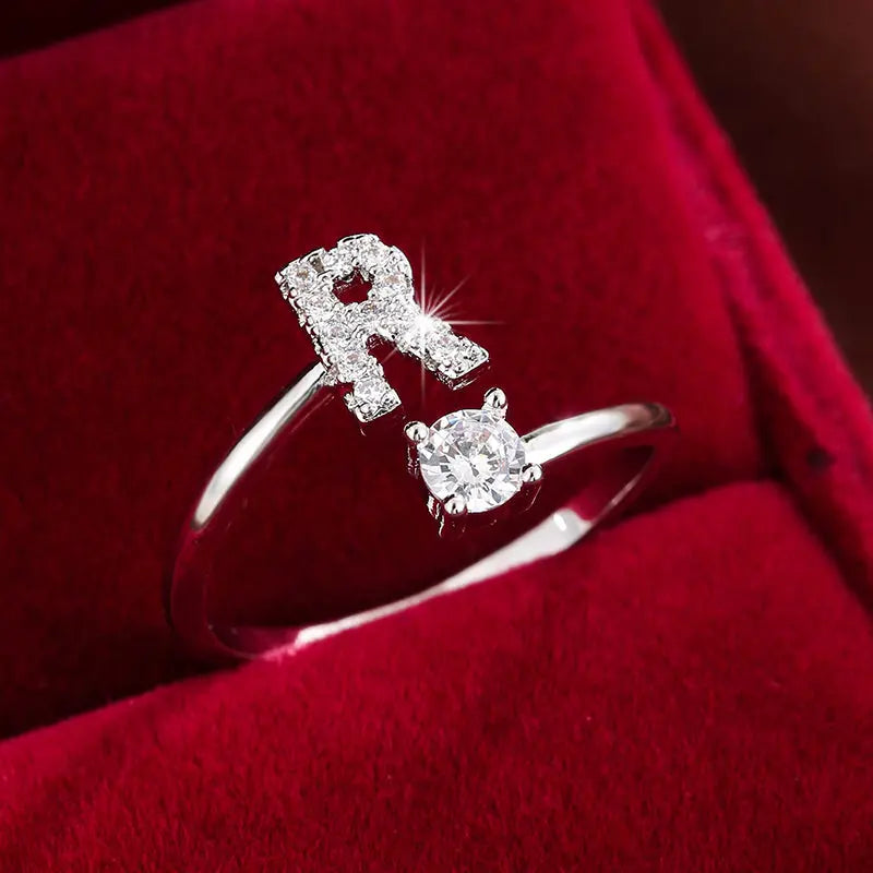[Copper Fashion Ring] Four-claw Round Zirconia Adjustable Copper Ring With 26 English Letters Best Products Online